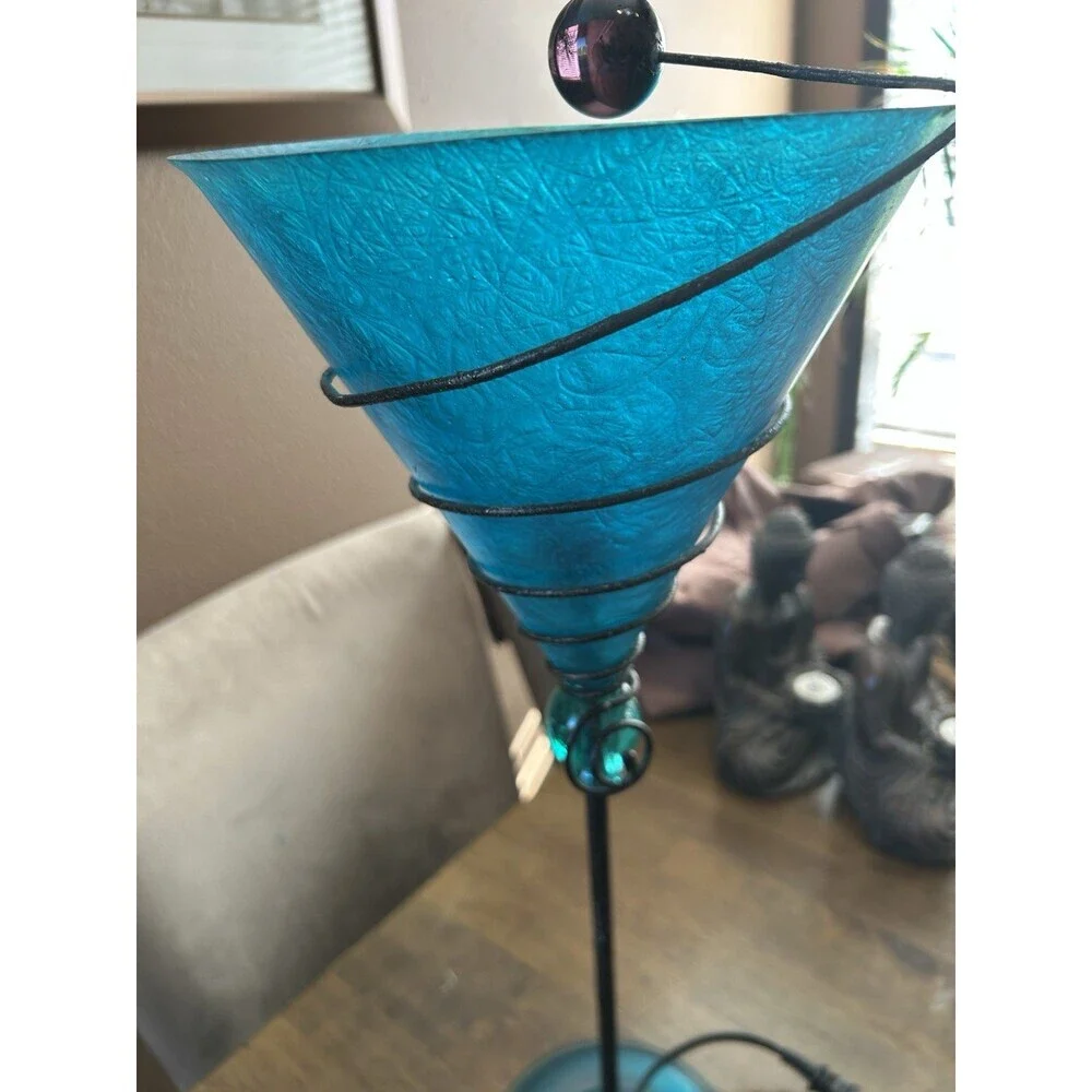 Set of 2 Vintage, Teal Martini Glass Lamps, MCM Style. Fiberglass Shades 18”